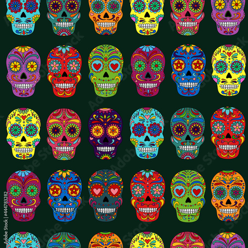 Day of the Dead  skulls pattern. Dia de los muertos print. Day of the dead and  mexican Halloween texture. Mexican tradition  festival. Day of the dead sugar skull isolated. Dia de los Muertos tattoo 