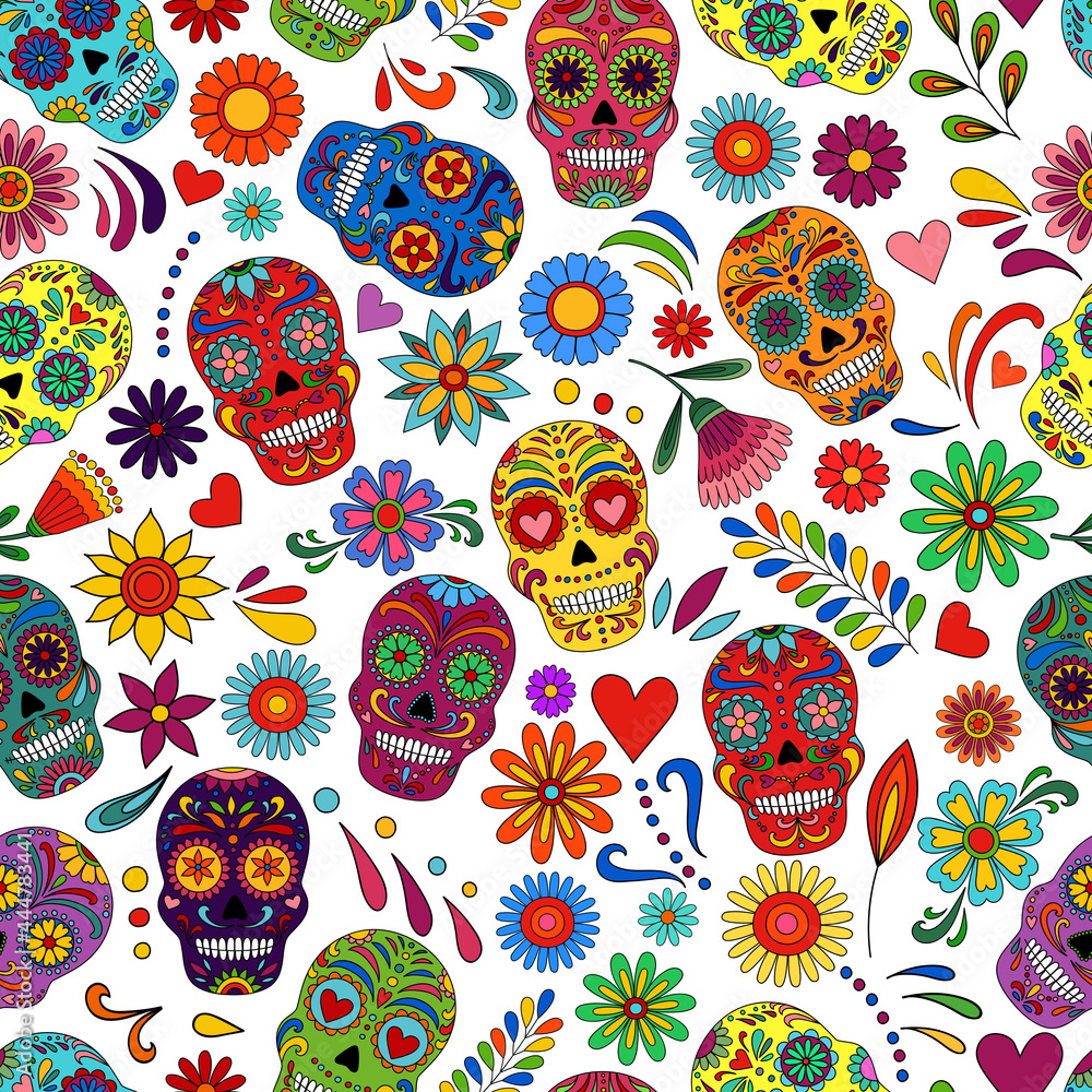 Day of the Dead skulls pattern. Dia de los muertos print. Day of the ...