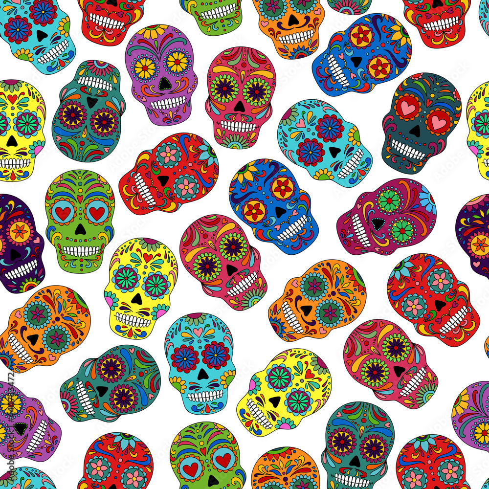 Day of the Dead skulls pattern. Dia de los muertos print. Day of the dead and mexican Halloween texture. Mexican tradition festival. Day of the dead sugar skull isolated. Dia de los Muertos tattoo Day of the Dead skulls pattern. Dia de los muertos print. Day of the dead and mexican Halloween texture. Mexican tradition festival. Day of the dead sugar skull isolated. Dia de los Muertos tattoo