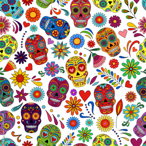 Day of the Dead  skulls pattern. Dia de los muertos print. Day of the dead and  mexican Halloween texture. Mexican tradition  festival. Day of the dead sugar skull isolated. Dia de los Muertos tattoo 