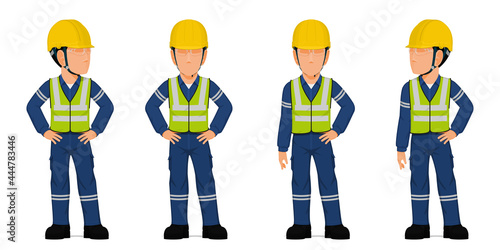 Set of industrial worker with arms akimbo on white background