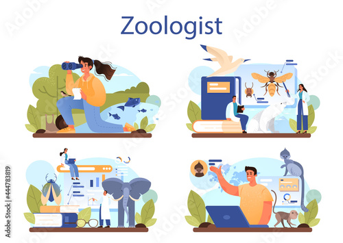Zoologist concept set. Scientist exploring and studying fauna. Wild animal