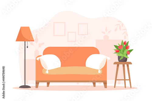 Cozy interior living room with sofa, lamp, table and plants © YuliiaKutsaieva