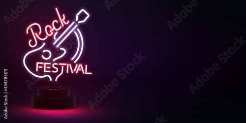 Vector realistic isolated neon sign of Rock Festival logo for template decoration with copy space on the dark background. Concept of live concert and music.