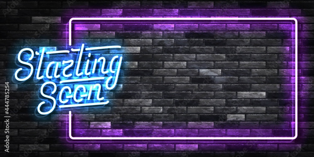 Vector realistic isolated neon sign of Starting Soon frame logo for template decoration and covering with copy space on the dark background. Vector realistic isolated neon sign of Starting Soon frame logo for template decoration and covering with copy space on the dark background.