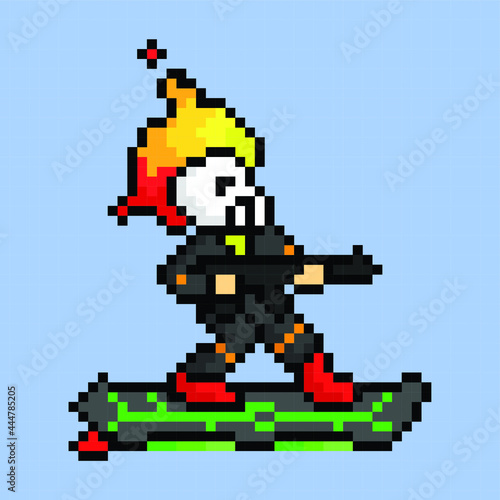 fire head skeleton use hoverboard and rifle gun with pixel art style