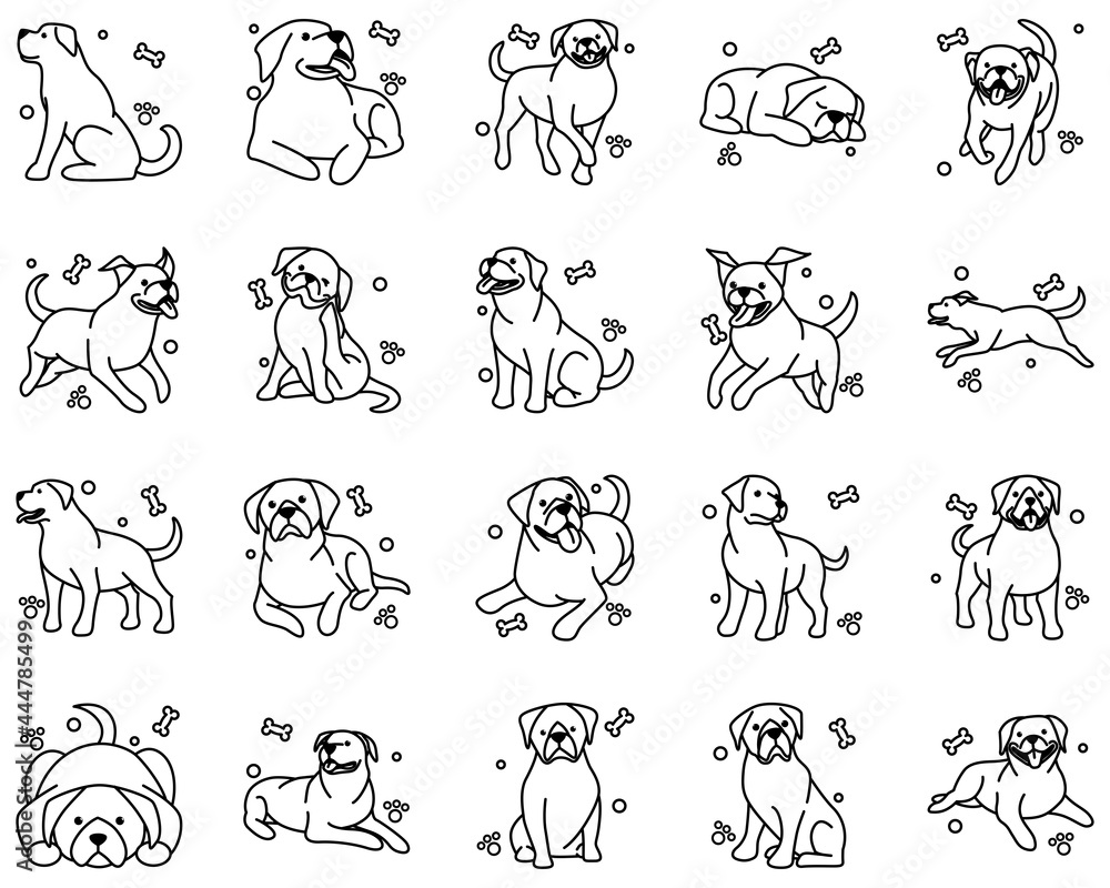 Naklejka premium Cute Cartoon Vector Illustration icon set of a big dog. It is outline style.