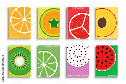 Collection of bright vector summer posters, templates, placards, brochures, banners, flyers and etc. Vibrant tropical fruit covers
