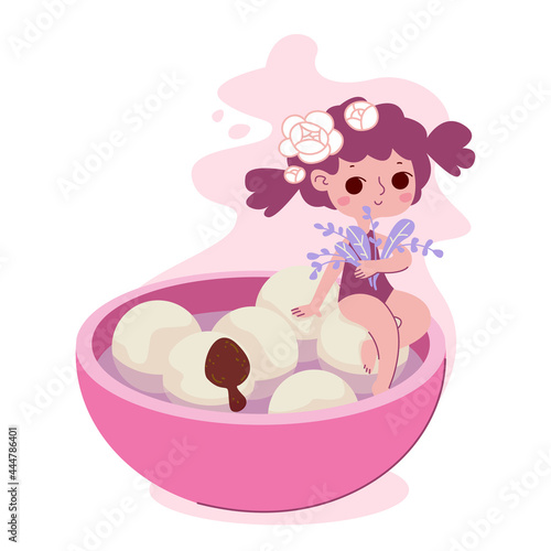 Tangyuan rice balls. The girl sits on the edge of a cup with rice balls. Traditional festive food for the new year in China. Chinese dessert in pink shades with character in cute cartoon style.