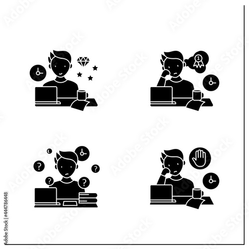 Procrastination glyph icons set. Perfectionist, dreamer, overdoer procrastinator. Overwhelmed concept. Filled flat signs. Isolated silhouette vector illustrations