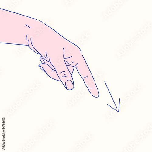The index finger of the persons hand points down. A hand gesture.