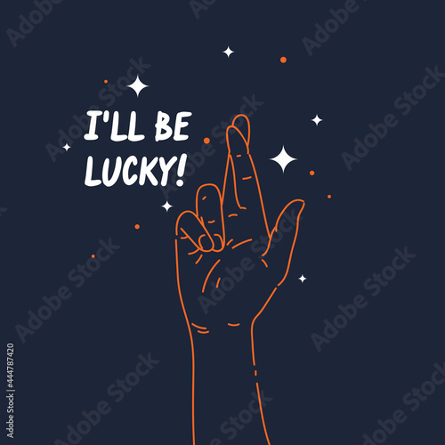 A hand gesture. Palm with the index and middle fingers crossed. A modern poster in a flat style.