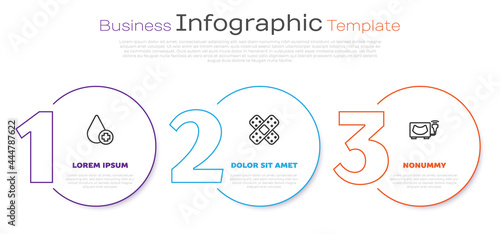 Set line Donate drop blood, Crossed bandage plaster and Ultrasound. Business infographic template. Vector