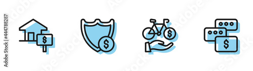 Set line Bicycle rental mobile app, House with dollar, Shield and Price negotiation icon. Vector
