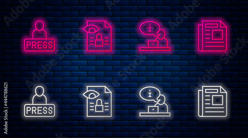 Set line Journalistic investigation, Television report, news and News. Glowing neon icon on brick wall. Vector