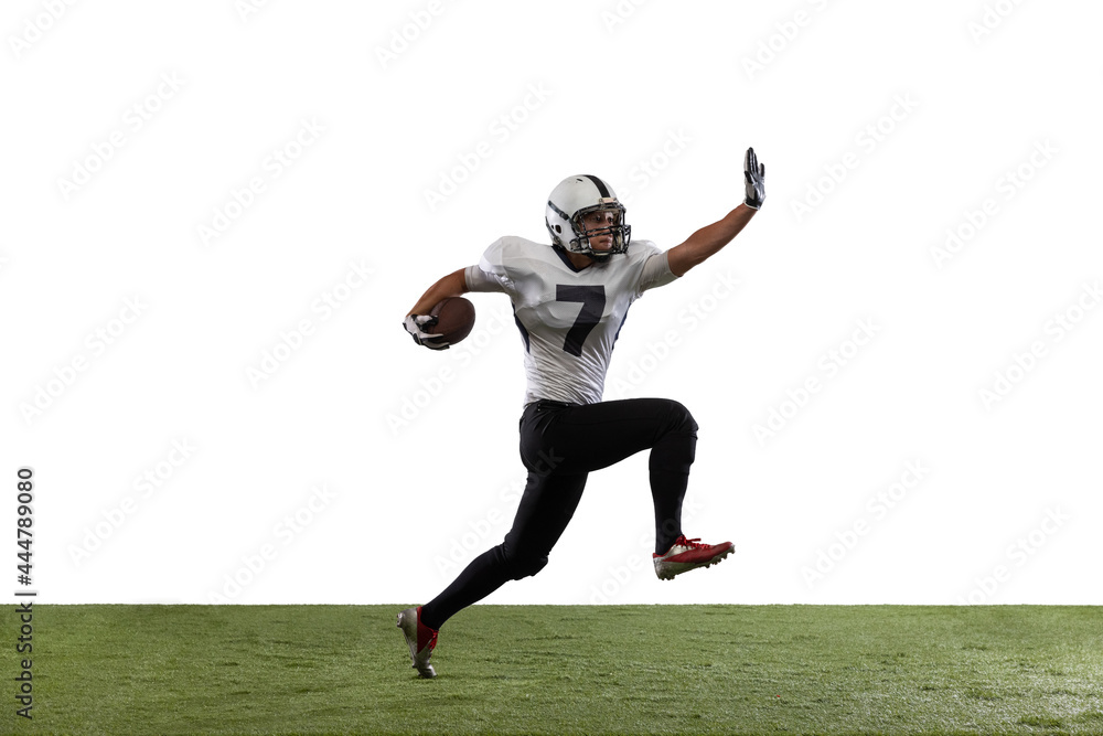 American football player isolated on white studio background.