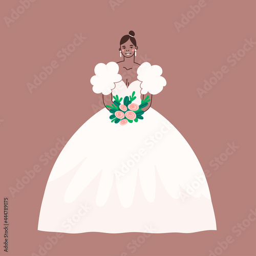 Young attractive Bride with pink bouquet. Full length view of elegant lady posing with wedding flowers. Modern bridal look. Woman standing in white fluffy dress. Hand drawn trendy Vector illustration