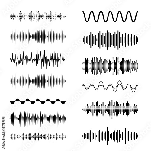 Sound Waves Set. Playing Song Visualization, Radiofrequency Lines, and Sounds Amplitudes. Can be Used for Radio, Music Clubs Projects, Audio Logo or Musical Pulse Background