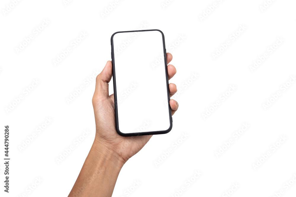 Hand business man holding mobile smartphone with blank screen isolated on white background with clipping path Hand business man holding mobile smartphone with blank screen isolated on white background with clipping path