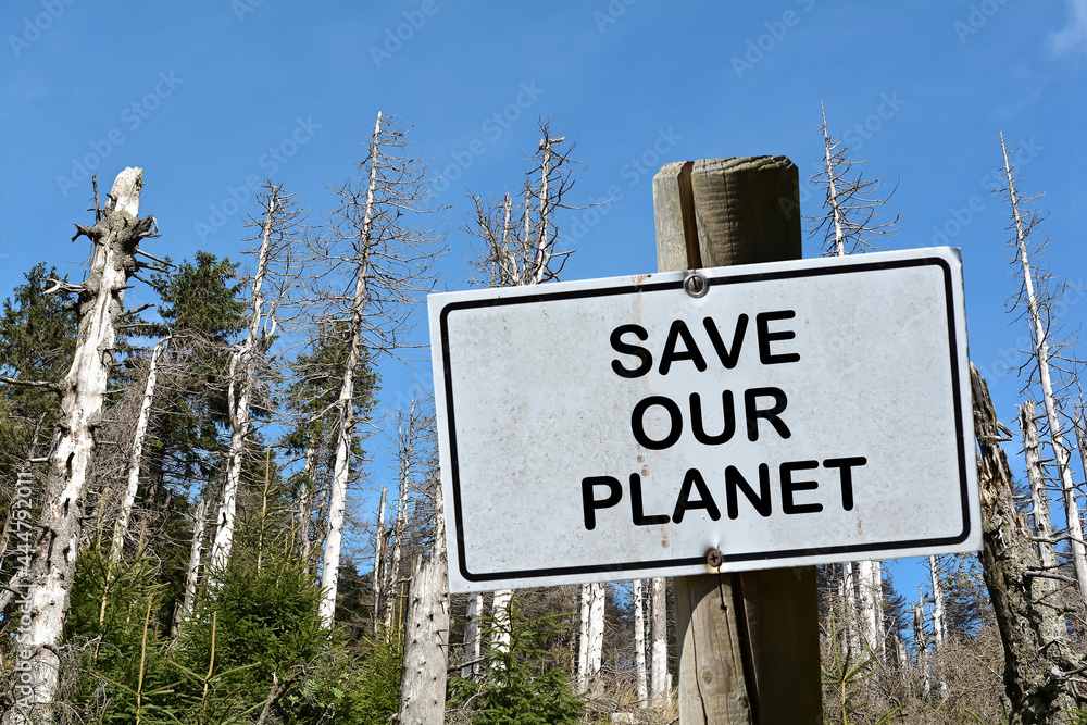 Fototapeta premium Sign with the inscription Save our Planet. In the background a dead forest in Germany