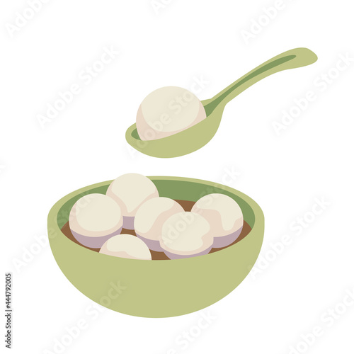 Taiwan traditional holiday food. Tasty glutinous rice balls in a traditional green porcelain bowl. Lantern festival. Vector illustration in flat style. Isolate on a white background.