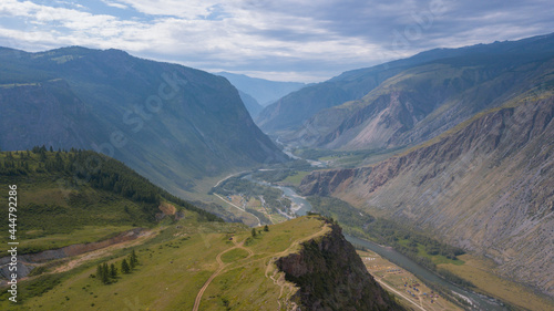 Aerial view of the Katu-Yaryk viewpoint and the canyon of the Chulyshman river valley, Altai photo by drone