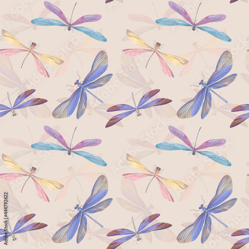 Pattern of watercolor dragonflies. Seamless pattern of colorful insects with wings for design, scrapbooking, cards, wallpaper, print, print, wrapping paper. Bright dragonflies