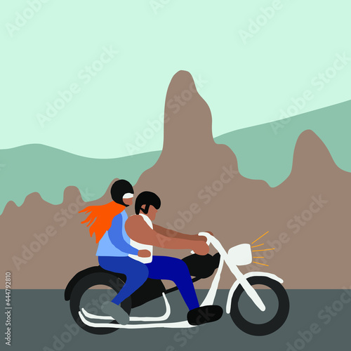 Man riding motobike with woman behind, extreme sport racing, Sport background with active man riding motobike ready for internet banners, social media banners, headers of websites, vector illustration