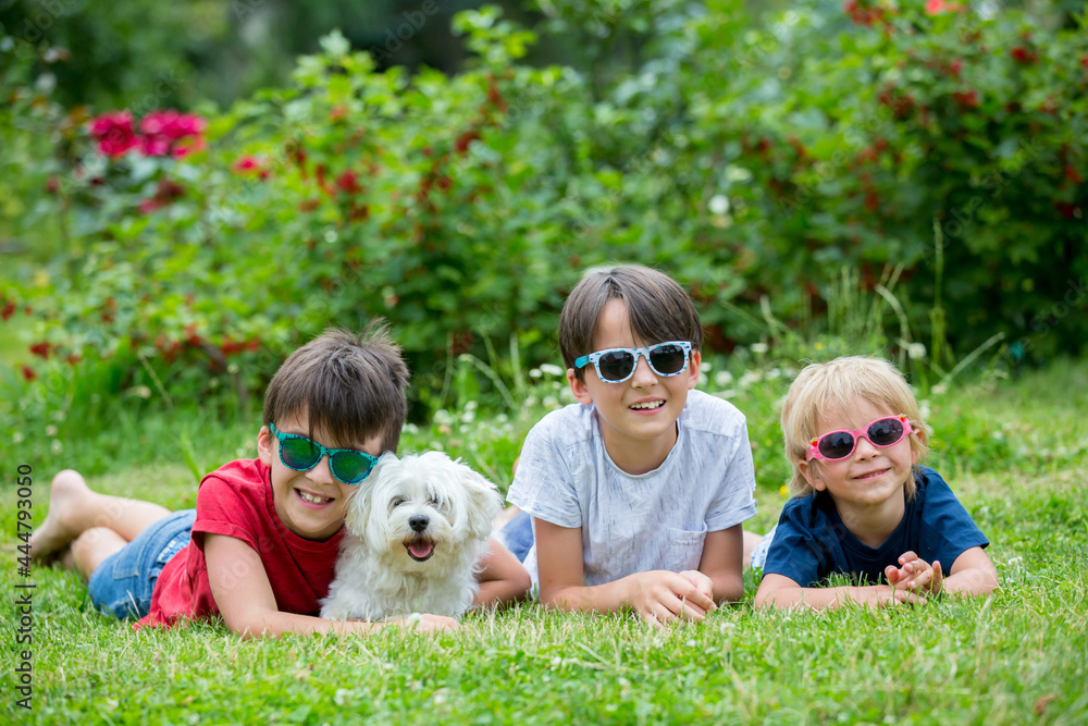 Three children and cute white puppy pet dog with sunglasses, having fun in garden