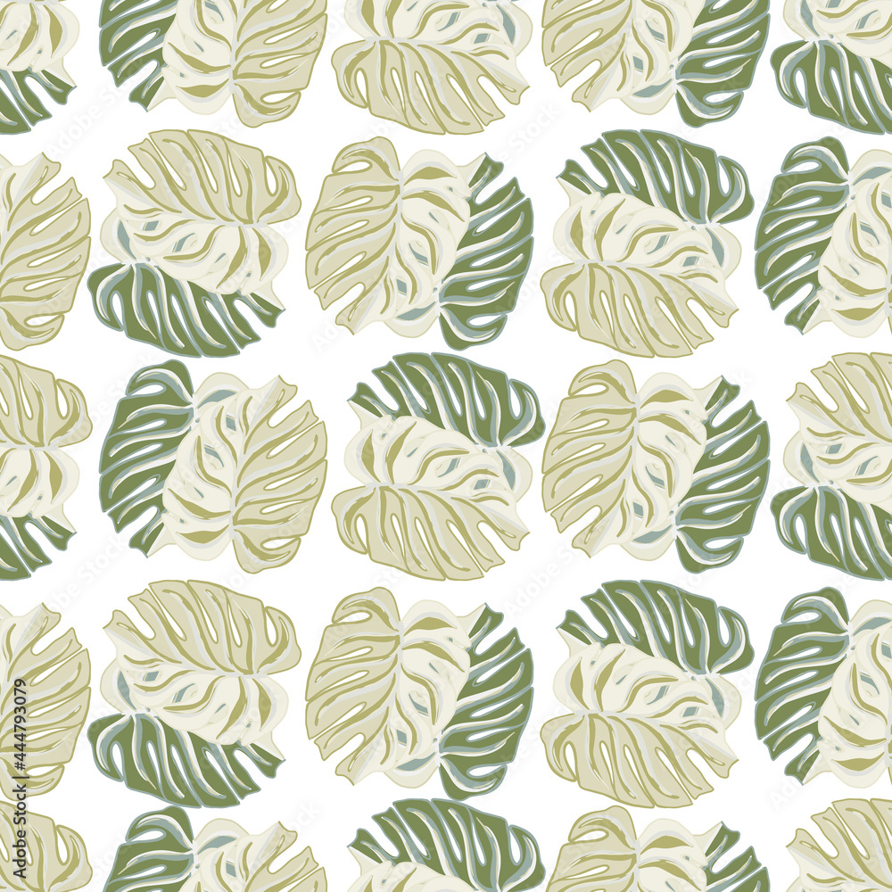 Beiage and green pastel monstera leaf ornament seamless pattern. Exotic nature pattern. Isolated backdrop. Beiage and green pastel monstera leaf ornament seamless pattern. Exotic nature pattern. Isolated backdrop.