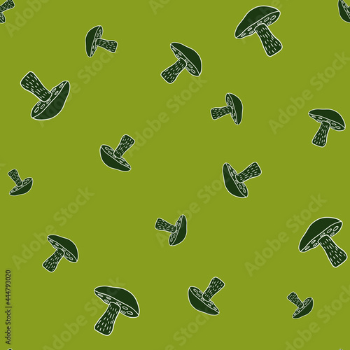 Leccinum scabrum mushroom random seamless pattern in doodle style. Green background. Autumn season.