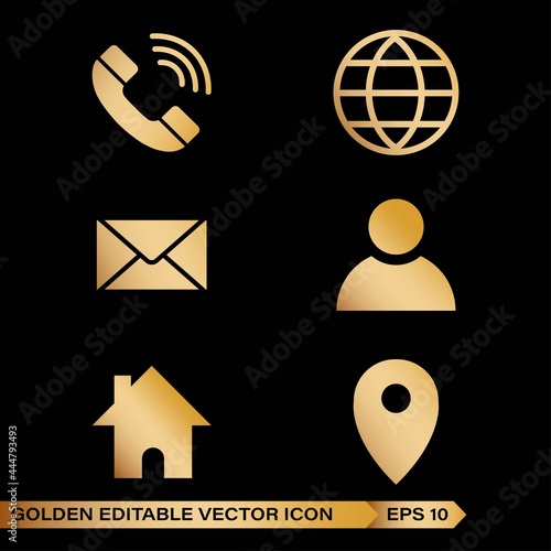 Luxury Contact information icons, vector. With premium gold color on the black background. For business cards and websites. Telephone, mail, letter, person, address, location icons 