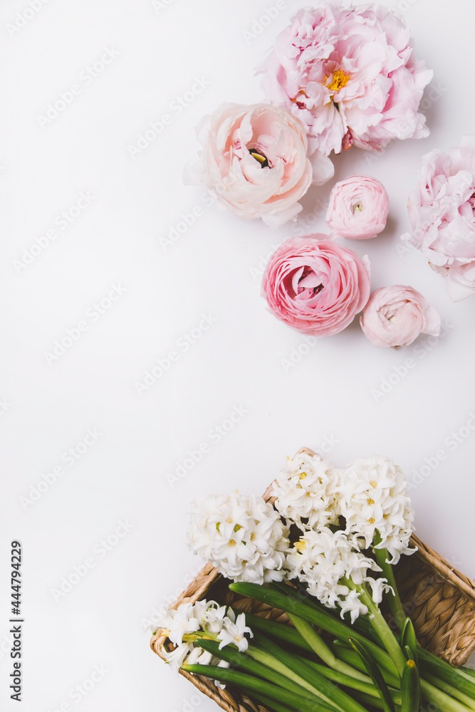 pink flowers on white background, postcard mockup 

