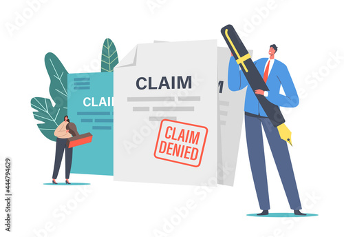 Tiny Male and Female Characters with Huge Pen and Seal Stamp at Denied Insurance Claim Certificate. Protection of Health