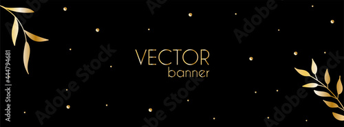 Dark vector luxury long banner with golden leaves and place for text. Premium design template for facebook cover