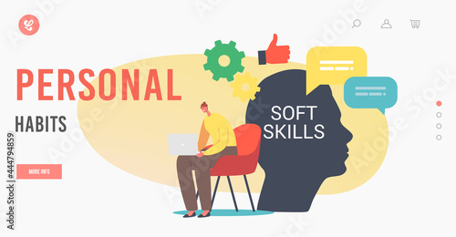 Personal Habits Landing Page Template. Soft Skills in Business. Tiny Female Character Working on Laptop at Huge Head
