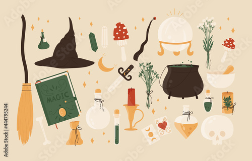 Witchcraft set. Fortune teller set. Magical occult elements for magic shop for witches concept. Esoteric and mystic symbols. Vector illustration in cartoon style. Isolated on white background.