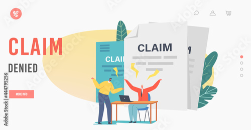 Claim Denied Landing Page Template. Client Fighting with Agent. Tiny Characters Arguing in Office near Huge Documents