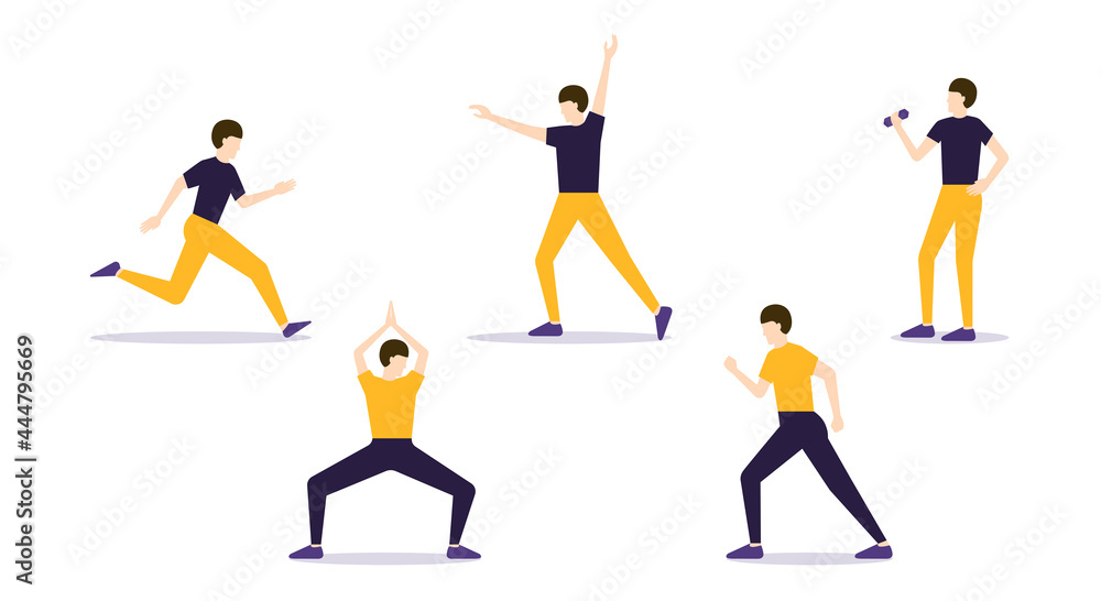 Sport exercises set Vector illustration in flat design Male characters in bright sport clothes in active poses isolated on white background Sport exercises set Vector illustration in flat design Male characters in bright sport clothes in active poses isolated on white background