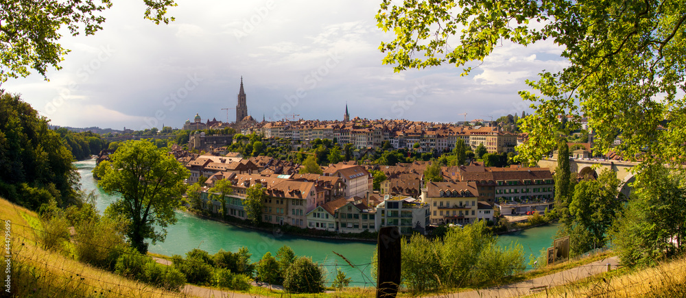 Panoramic view over the picturesque old town of Bern and the Aare river.