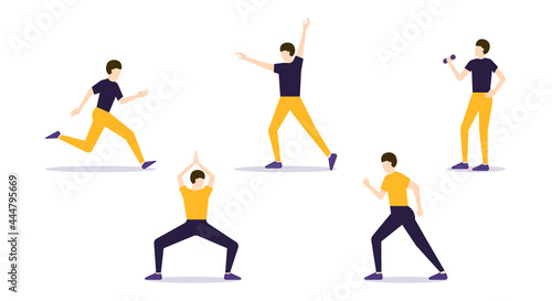Sport exercises set Vector illustration in flat design Male characters in bright sport clothes in active poses isolated on white background