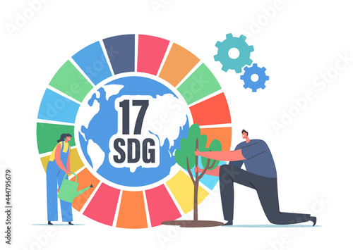Characters Watering Green Plant at Colorful SDG Wheel. Sustainable Development Goals, Forest Restoration, Reforestation