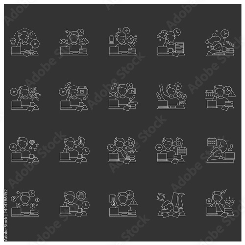 Procrastination chalk icons set. Postpone unpleasant tasks for later.Delay. Lazy person. Overwhelmed concept. Isolated vector illustrations on chalkboard