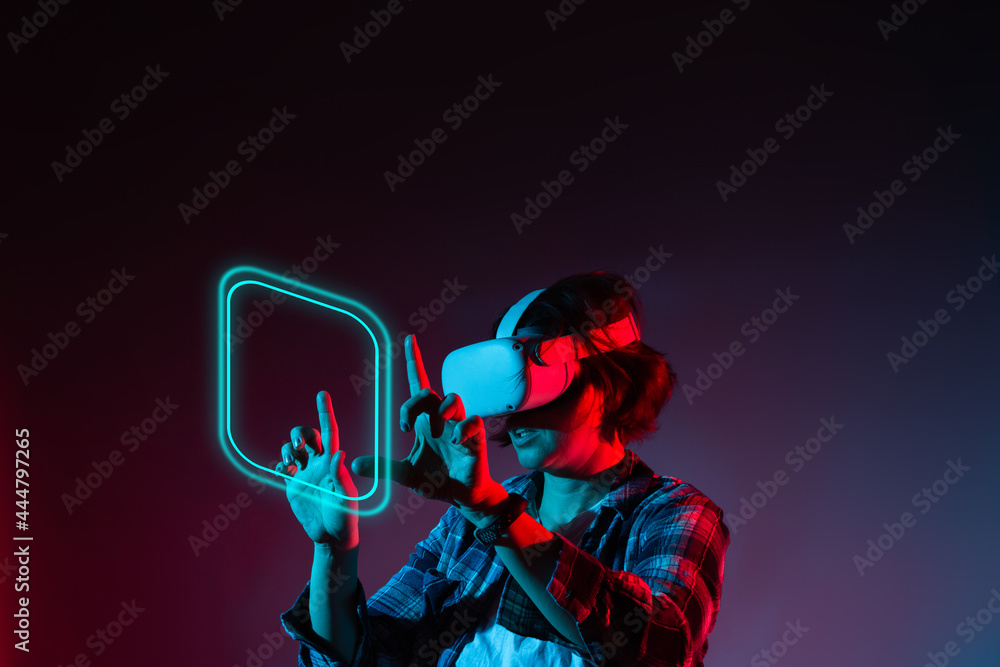 Woman vr glasses, using virtual reality headset, trying to touch something