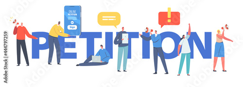 Online Petition Concept. Characters with Smartphones and Megaphones. Collective Public Appeal Service. Spread Document