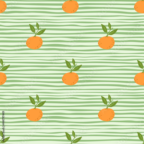 Fototapeta Naklejka Na Ścianę i Meble -  Funny orange mandarin silhouettes seamless fruit pattern. Green striped background. Garden harvest print.