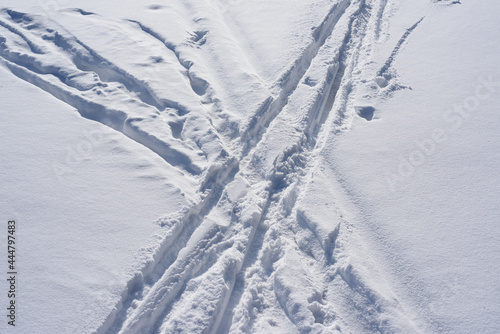 Ski tracks on white snow, top view. © Mr.Ilkin