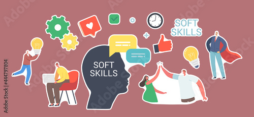 Set of Stickers Soft Skills in Business. Characters Communication, Human Head, Office Workers Empathy, Idea Development