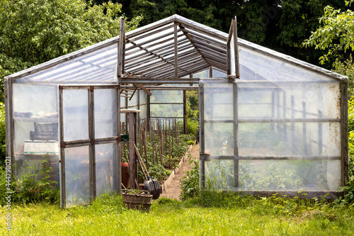 Wooden greenhouse covered with film in the garden. Tomatoes grow in the greenhouse. © Andriy