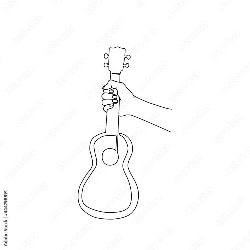 Continuous line drawing of hand holding ukulele. ukulele line art with
